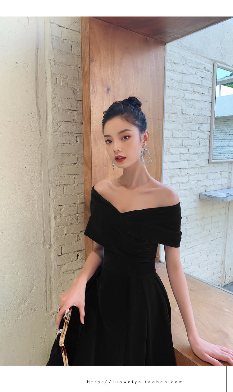 Black Slimming Off-shoulder Long Banquet Temperament Evening Dress
