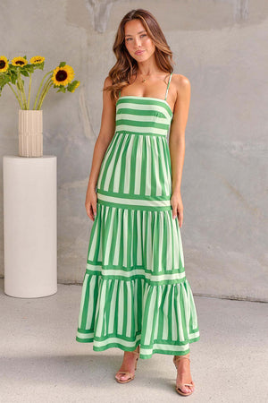 Summer Striped Printed Suspender Long Dress with Pockets