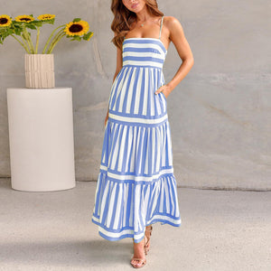 Summer Striped Printed Suspender Long Dress with Pockets