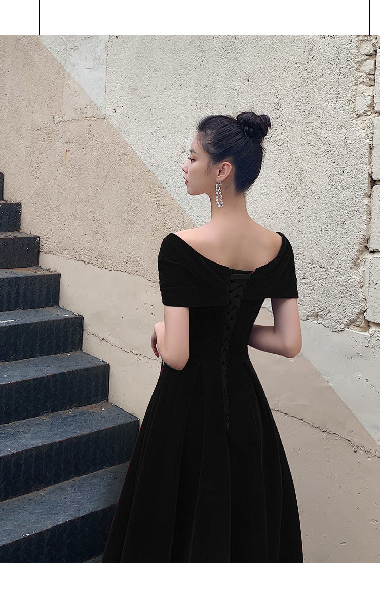 Black Slimming Off-shoulder Long Banquet Temperament Evening Dress