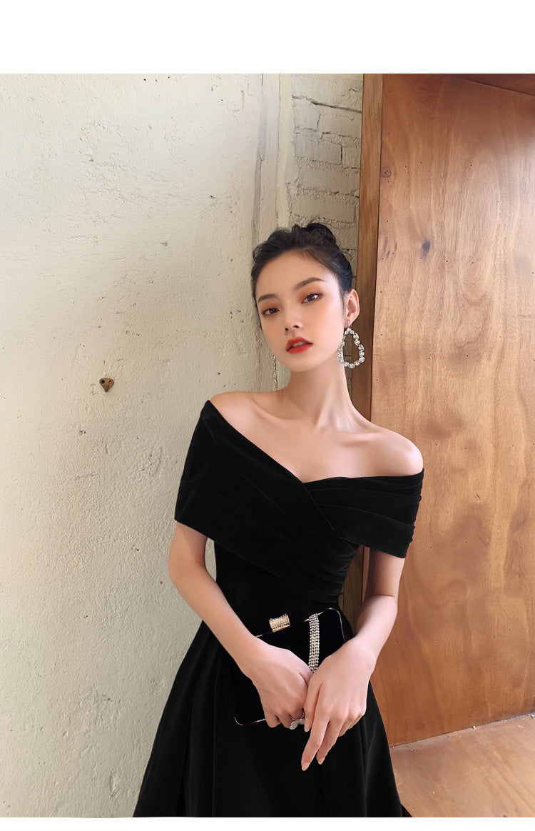 Black Slimming Off-shoulder Long Banquet Temperament Evening Dress