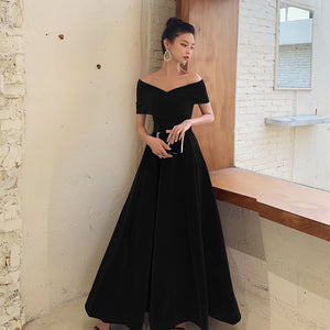 Black Slimming Off-shoulder Long Banquet Temperament Evening Dress
