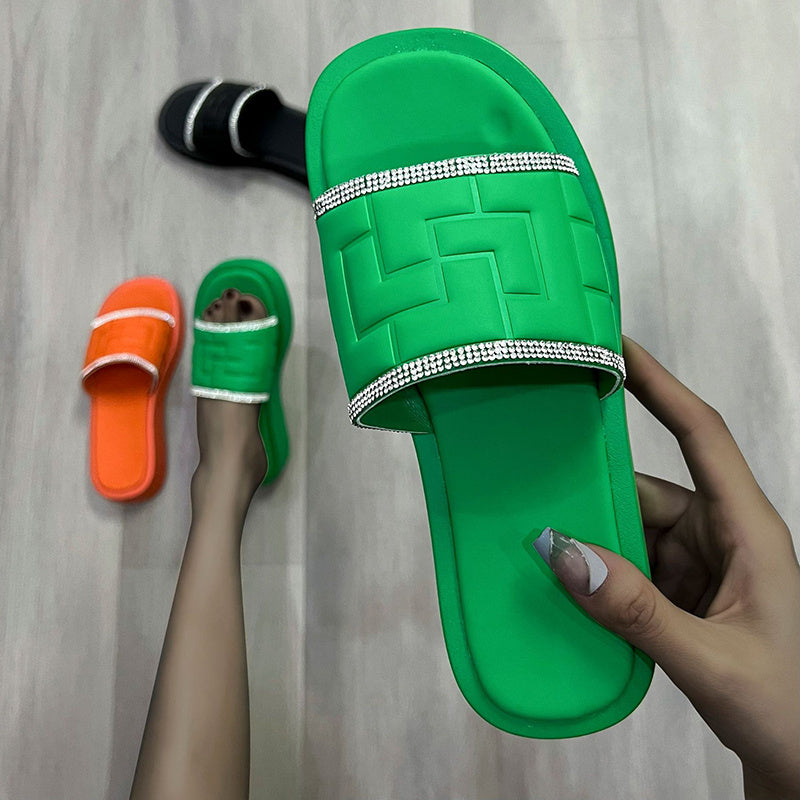 ✨ Rhinestones Slippers for Women – Summer Candy-Color Flat Heel Shoes