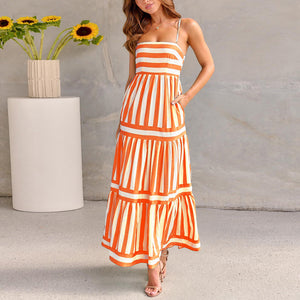 Summer Striped Printed Suspender Long Dress with Pockets