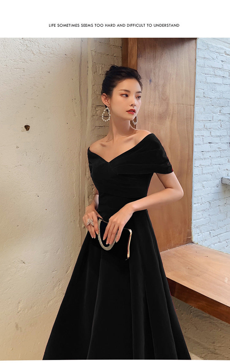 Black Slimming Off-shoulder Long Banquet Temperament Evening Dress