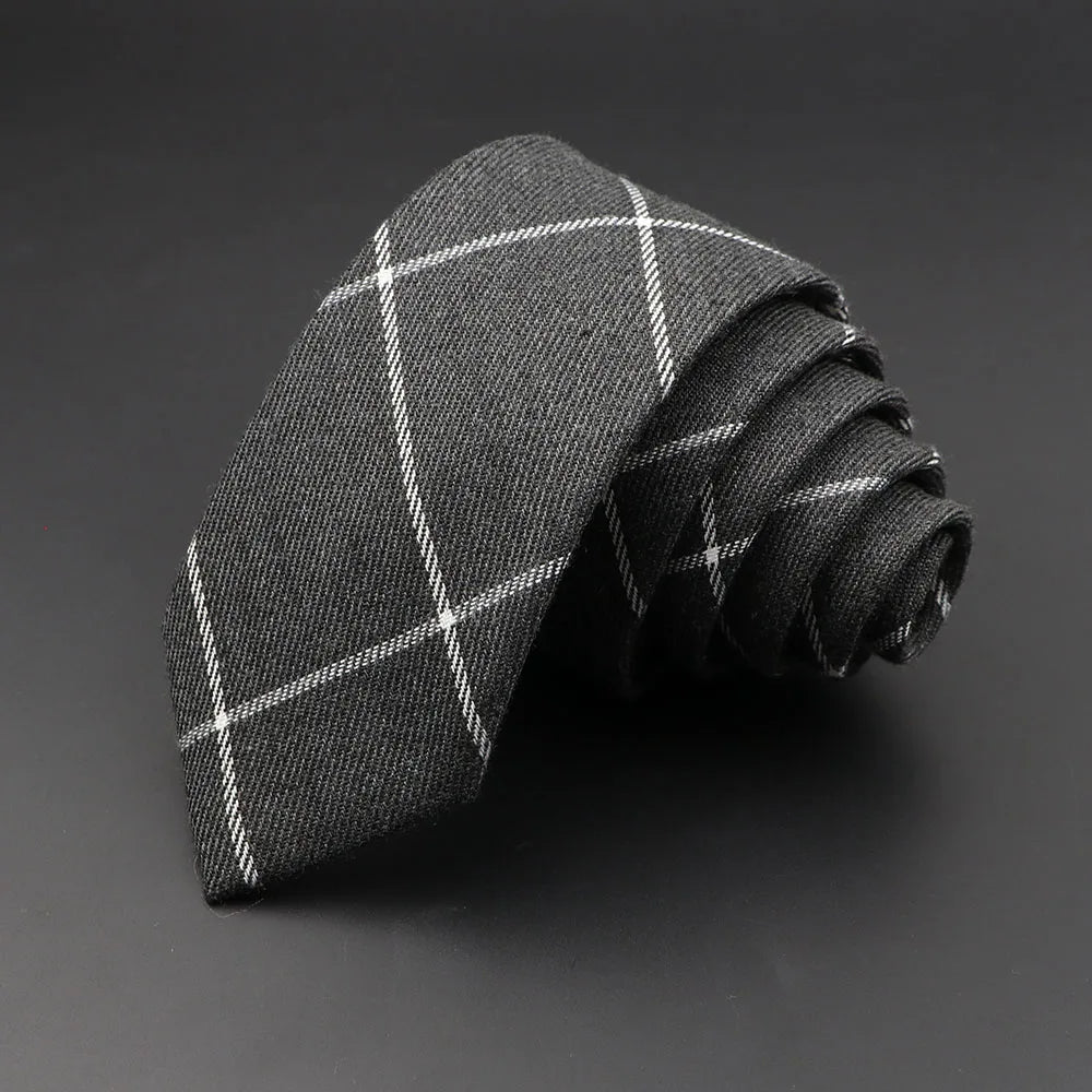Menβs 6cm Classic Cotton Skinny Tie β Grey Plaid & Striped Design