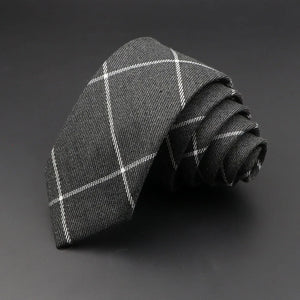 Men’s 6cm Classic Cotton Skinny Tie – Grey Plaid & Striped Design