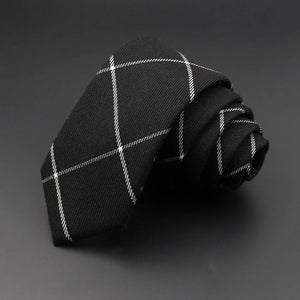 Men’s 6cm Classic Cotton Skinny Tie – Grey Plaid & Striped Design