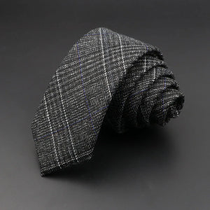 Men’s 6cm Classic Cotton Skinny Tie – Grey Plaid & Striped Design