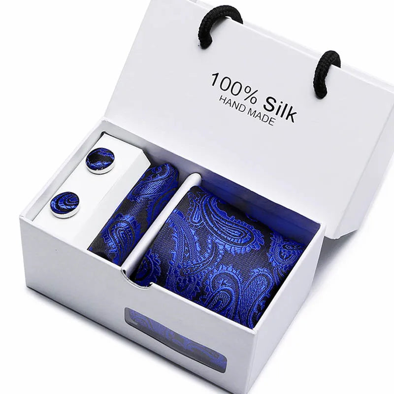 Brand 100% Silk Ties – Extra Long Navy Blue Paisley Necktie Set