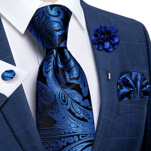 Blue Silver Paisley Neck Tie Set for Men