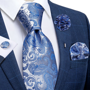 Blue Silver Paisley Neck Tie Set for Men