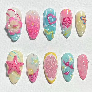 π 24PCS Summer Colorful Press-On Nails β Almond Shape with 3D Flowers & Beach Art