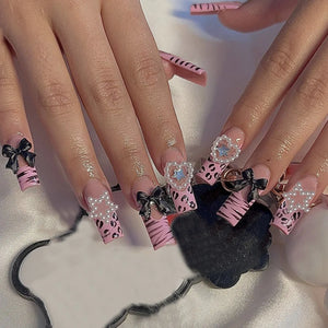 🐻 24pcs Extra Long Square Press-On Nails – 3D Bear & Bow with White French Tips