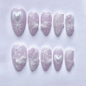 🍃 24pcs 3D Green Ripple Cat’s Eye Press-On Nails – French Almond Style with Leaf Design