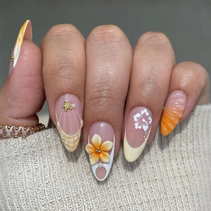 ๐ธ 24pcs Gradient Pink Flower Pearl Press-On Nails โ Mid-Length Almond Shape