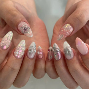 ๐ผ 24pcs White Flower Press-On Nails โ INS Yellow & Pink Blush Tones