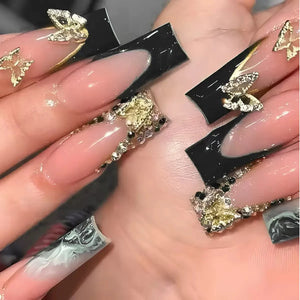 ✨ 24pcs Gold French Border Press-On Nails – Long Coffin Style with Rhinestones