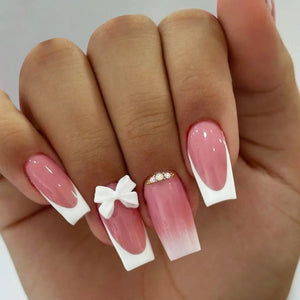 🐻 24pcs Extra Long Square Press-On Nails – 3D Bear & Bow with White French Tips