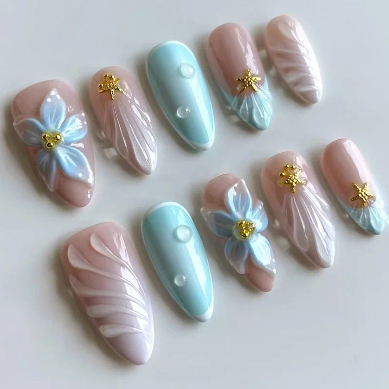 π 24pcs 3D Green Ripple Catβs Eye Press-On Nails β French Almond Style with Leaf Design