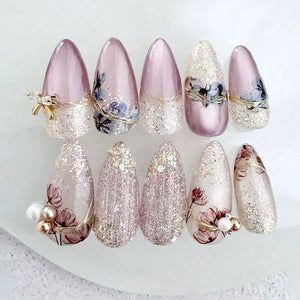 πΈ 24pcs Pink Almond Press-On Nails β Sweet Summer Floral with Pearls