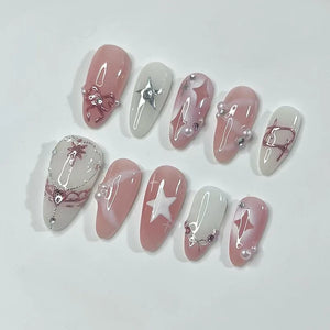 πΈ 24pcs Pink Almond Press-On Nails β Sweet Summer Floral with Pearls