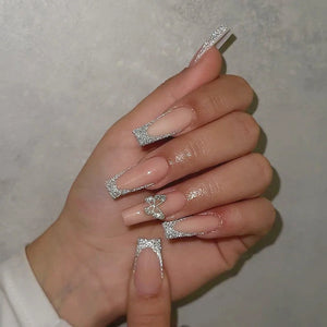 🐻 24pcs Extra Long Square Press-On Nails – 3D Bear & Bow with White French Tips