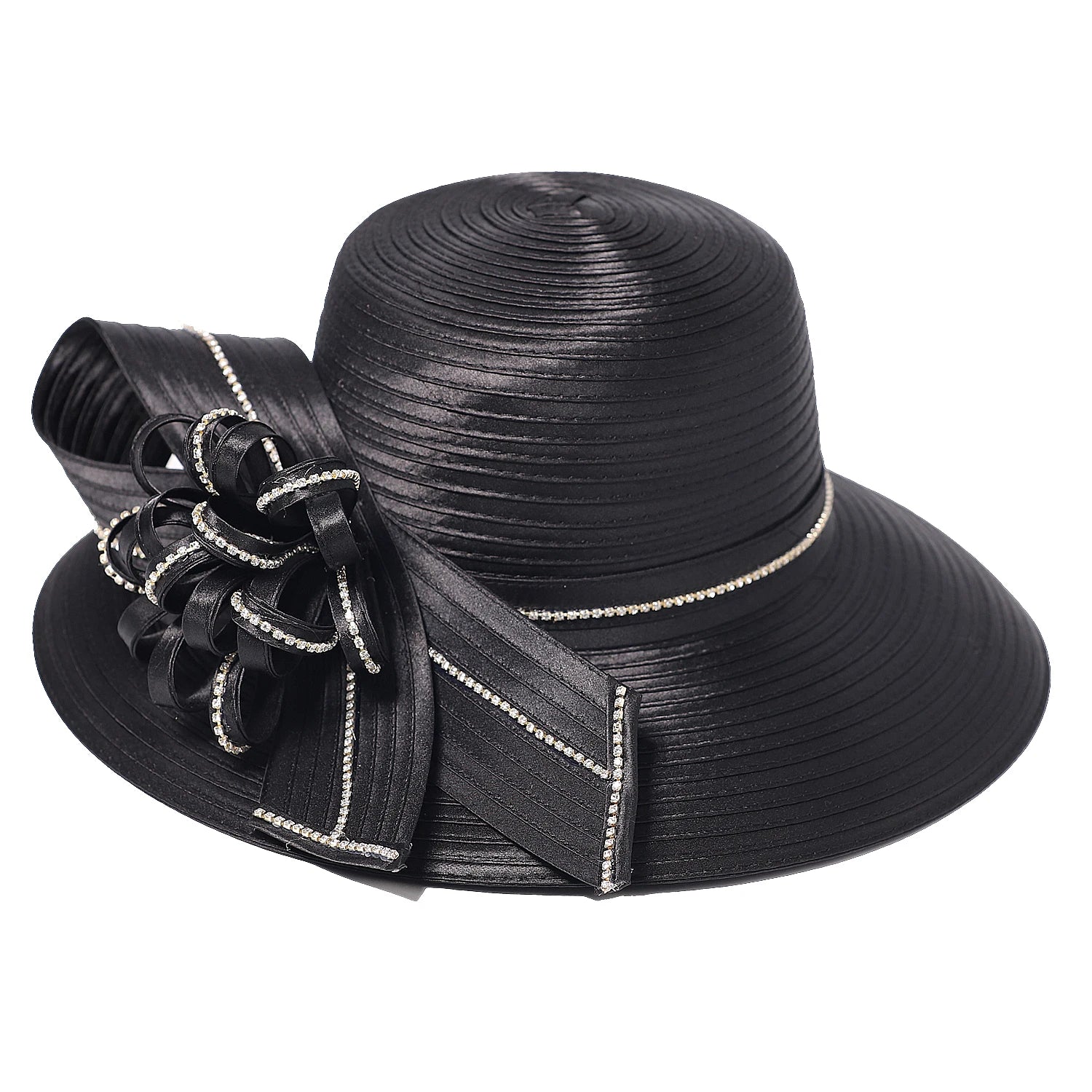 FS Elegant Black Hat Lady Formal Dress Fedora Church Cocktail Tea Party Derby Caps For Women Bow Flower Wide Brim Cloche Hats