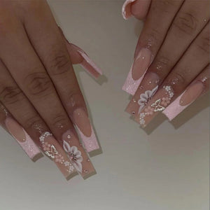 🐻 24pcs Extra Long Square Press-On Nails – 3D Bear & Bow with White French Tips