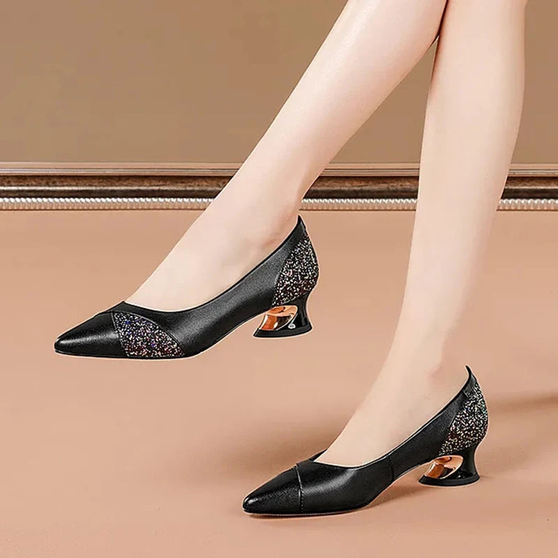 Elegant PU Leather Low-Heel Shoes with Rhinestone Detail