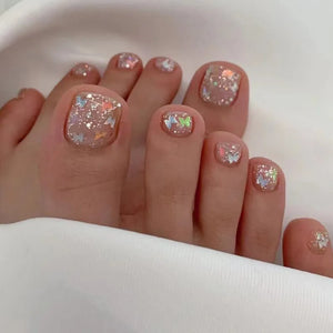 🦋 24pcs Butterfly Design Press-On Toe Nails – Short French Style with Rhinestones
