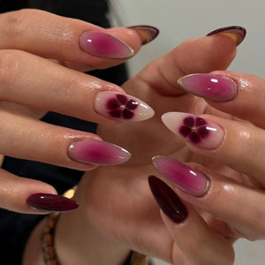 ๐บ 24pcs Red Almond Press-On Nails โ Elegant Floral Design