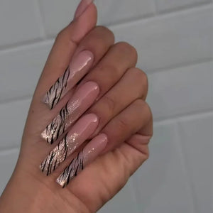 ✨ 24pcs Gold French Border Press-On Nails – Long Coffin Style with Rhinestones