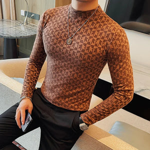 Printed Semi Turtleneck Elastic T-shirt – Men’s Autumn Long-Sleeve Slim Fit Tee