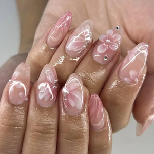 ๐ผ 24pcs White Flower Press-On Nails โ INS Yellow & Pink Blush Tones