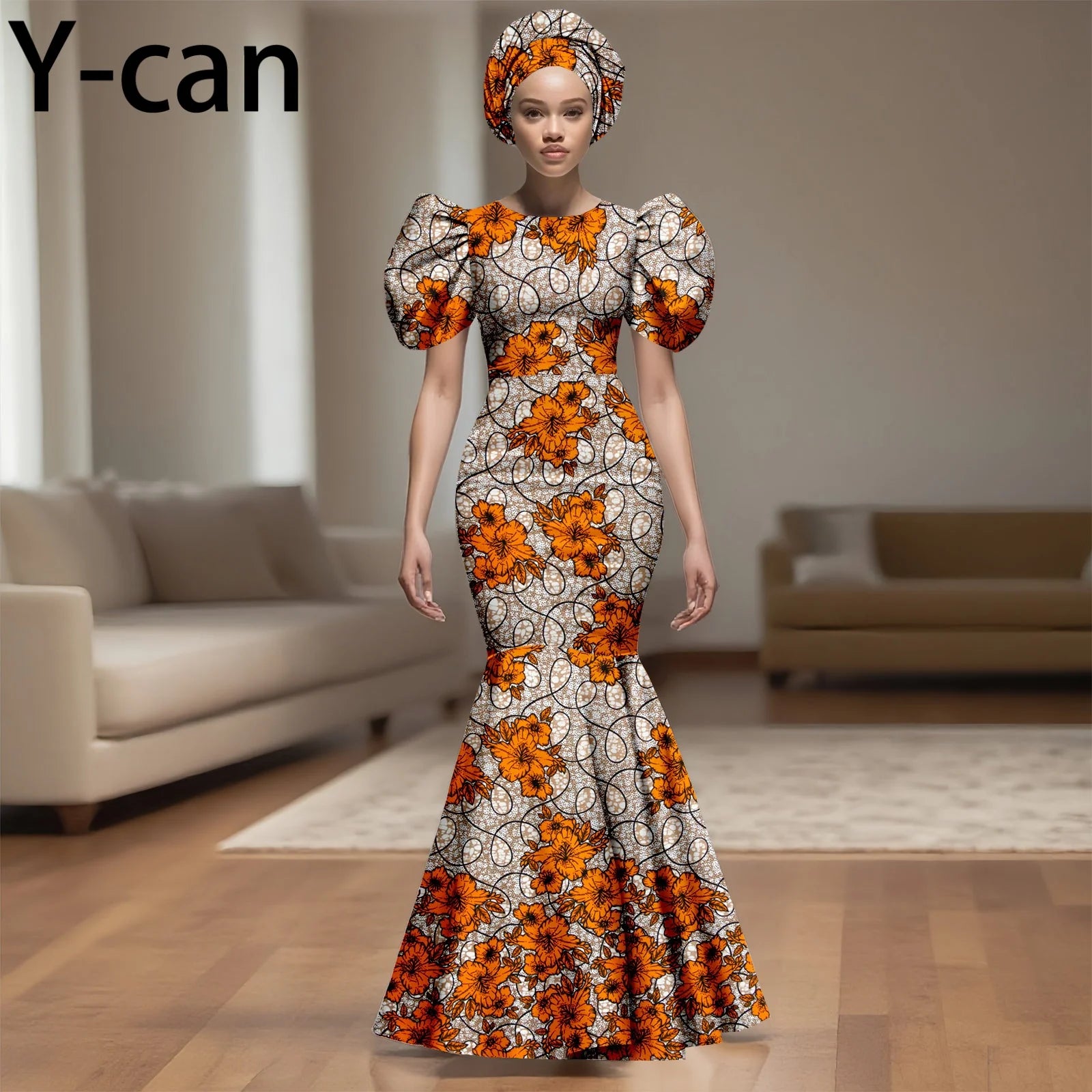 💃 African Party Dress for Women – Puff Sleeve Mermaid Dress with Headwrap (2525142)