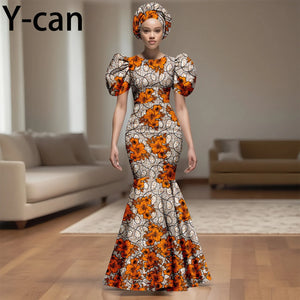 💃 African Party Dress for Women – Puff Sleeve Mermaid Dress with Headwrap (2525142)