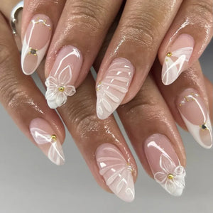 ๐ผ 24pcs White Flower Press-On Nails โ INS Yellow & Pink Blush Tones