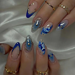 π
24pcs Blue French Press-On Nails β Short Almond Style with Golden Stars & Wave Lines