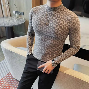 Printed Semi Turtleneck Elastic T-shirt – Men’s Autumn Long-Sleeve Slim Fit Tee