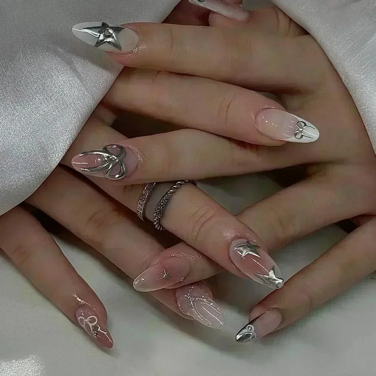 πΈ 24pcs Pink Almond Press-On Nails β Sweet Summer Floral with Pearls