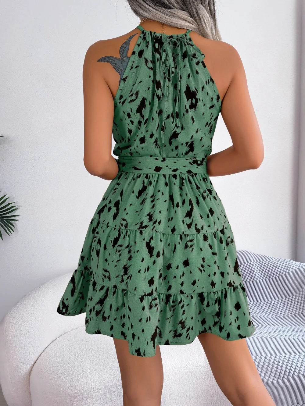 Leopard Print Ruffled Hanging Neck Fashion Dress