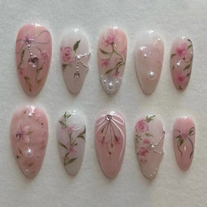 🌿 24pcs Flora Almond Press-On Nails – Mori Girl Ballet-Inspired Beauty
