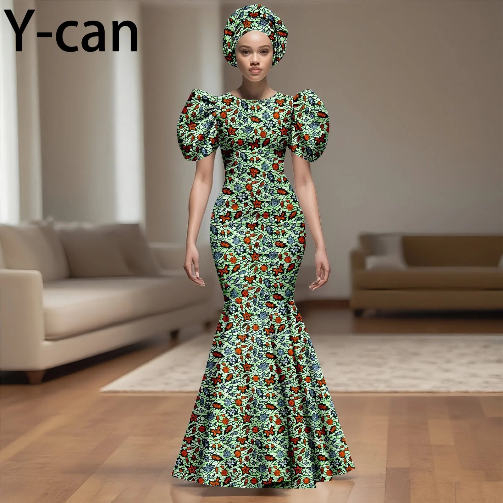 💃 African Party Dress for Women – Puff Sleeve Mermaid Dress with Headwrap (2525142)