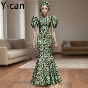 💃 African Party Dress for Women – Puff Sleeve Mermaid Dress with Headwrap (2525142)