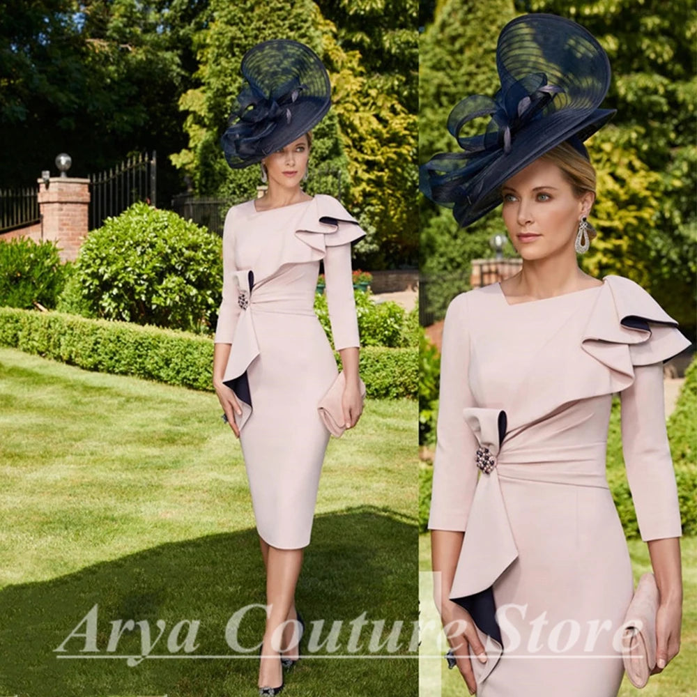 Elegant Jersey Mother of the Bride Dress β 3/4 Sleeves Tea-Length Sheath Gown