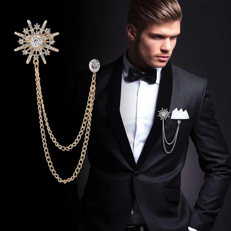 Korean Version of the British Style Asterisk Brooch Suit Tassel Chain Collar Pin Zircon Badge -Men's Accessories