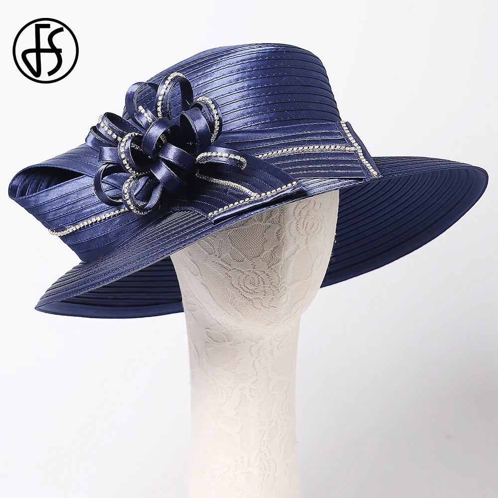 FS Elegant Black Hat Lady Formal Dress Fedora Church Cocktail Tea Party Derby Caps For Women Bow Flower Wide Brim Cloche Hats