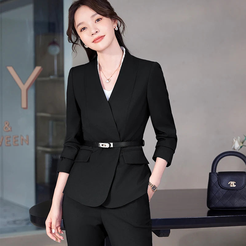 High-Quality Formal Navy Blue Blazer Skirt Suit for Women