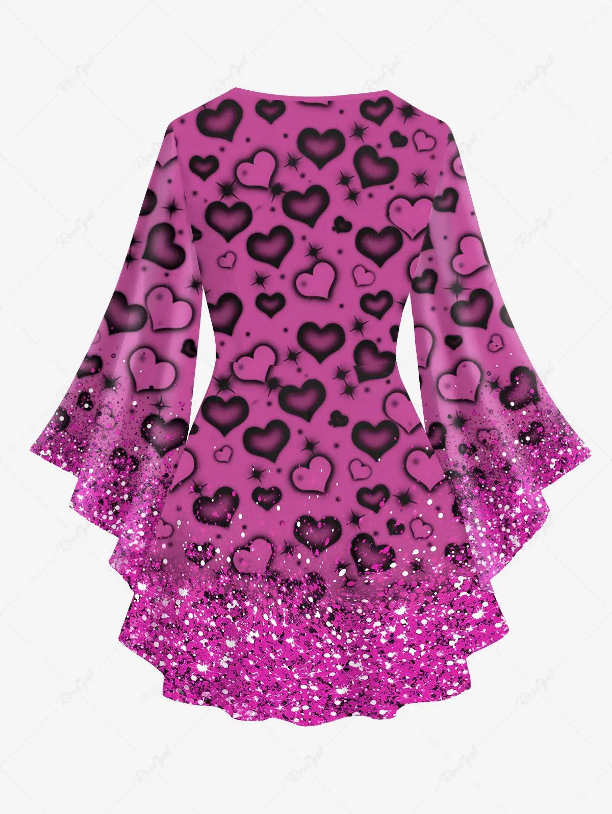 New Women's Heart Sparkling Sequin Glitter 3D Print Lattice Crisscross Flare Sleeve Top & Flare Pants Matching Set